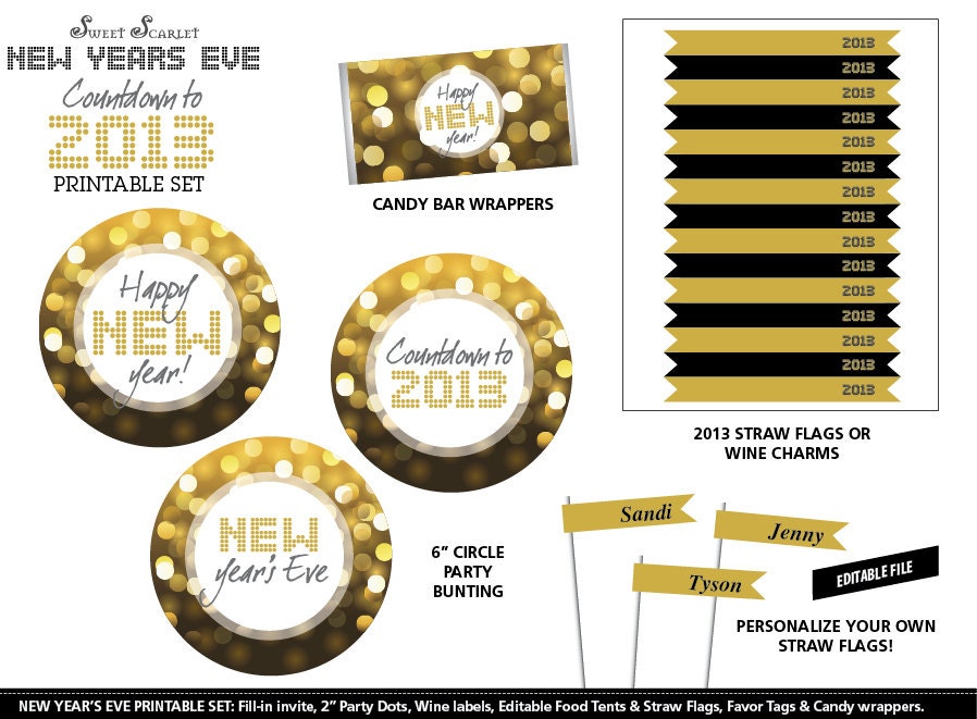 NEW Years Eve Printables Set - All that Glitters - Includes Cupcake Toppers, Bunting, Candy Wrappers, Straw Flags and more
