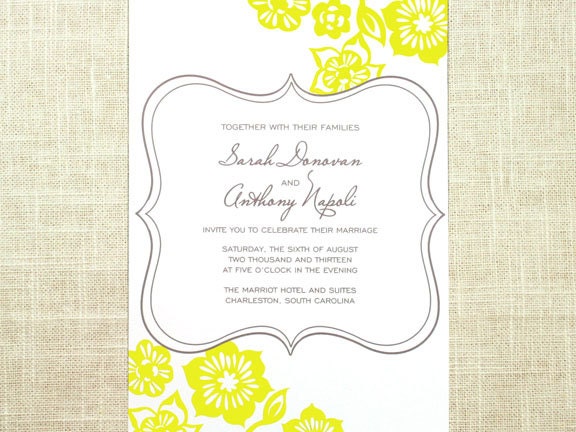 Yellow and Grey Wedding Invitation, Modern, Rustic, script font, floral design