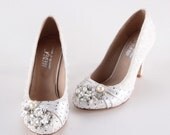 Handmade lace shoes with pearl and rhinstones , ivory and white available