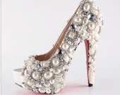 Handmade Super high heels crystal and pearl shoes ivory for wedding or party