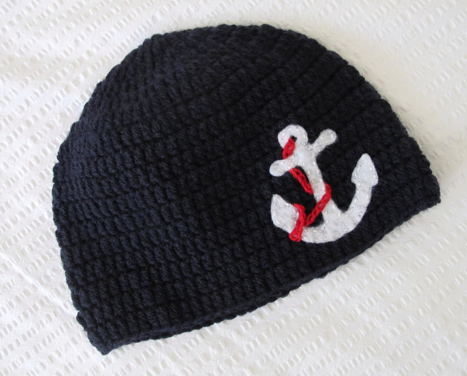 Anchors Away Boy Hat with Felt Applique in Newborn/Baby Hat sizes 0-3, 3-6, & 6-12