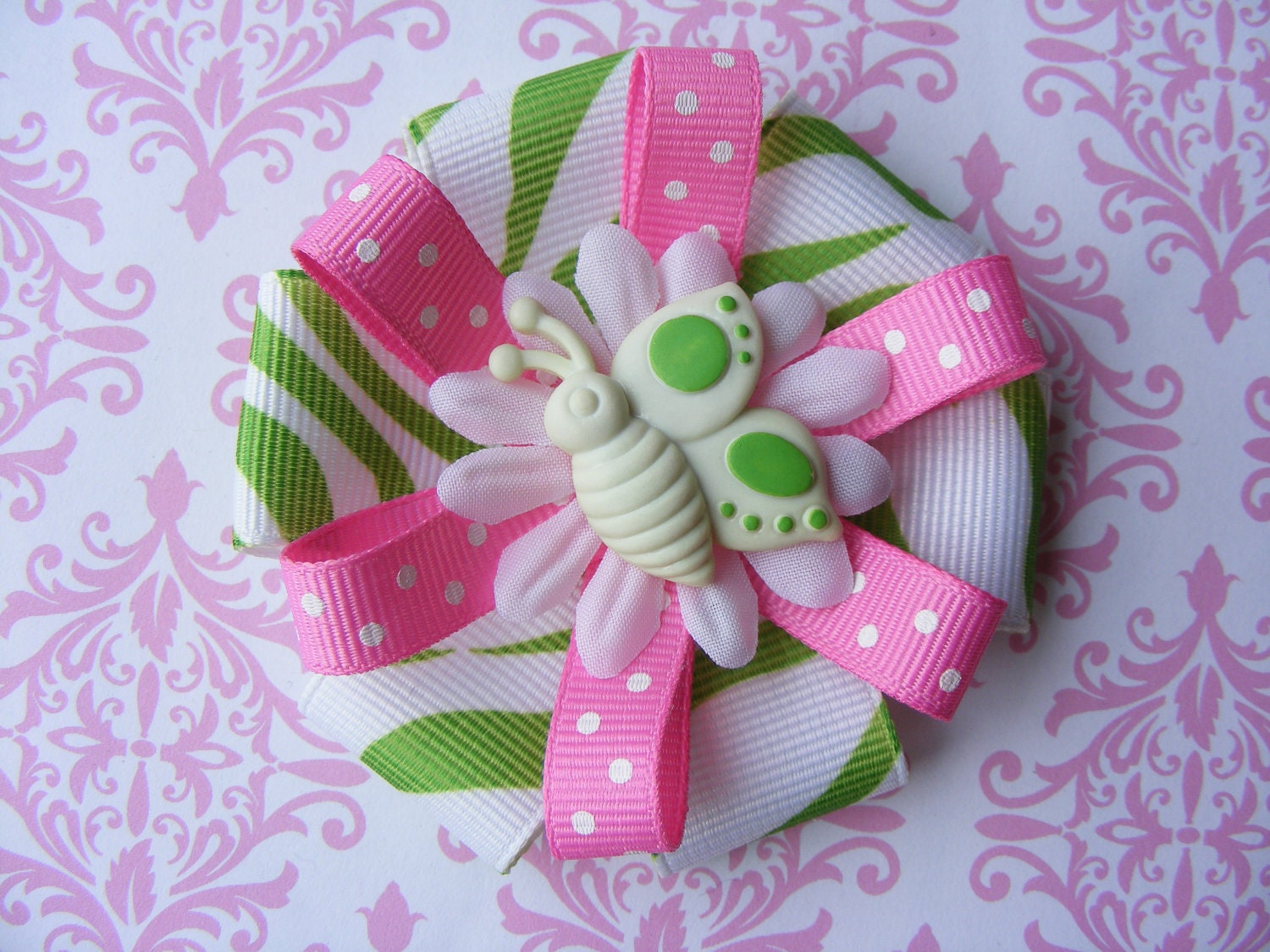 Pink and Green Zebra Hair Bow