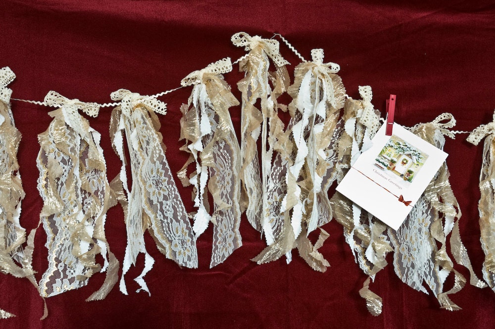 Gold and Cream Bunting 6 ft Hand Cut Golden Organza Curls Muslin Wide Lace Cluny Lace Bows Vintage Rick Rack Wedding Holiday Decoration