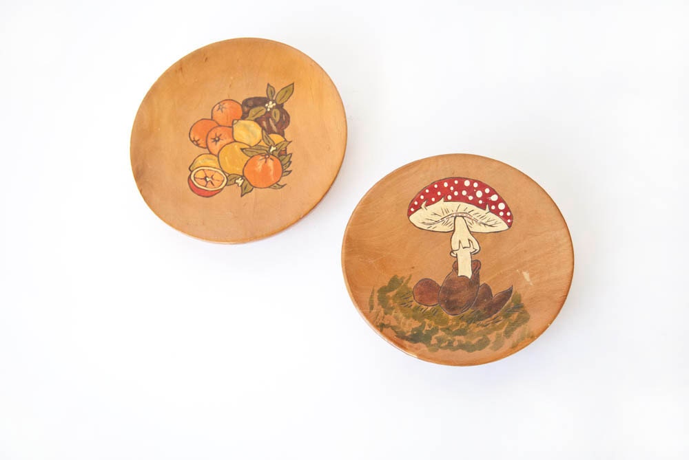 Mushroom & Fruit Wooden Wall Plaques Pair Vintage Kitchen Wall Decor Farmhouse Cottage Wedding Registry Gift Idea