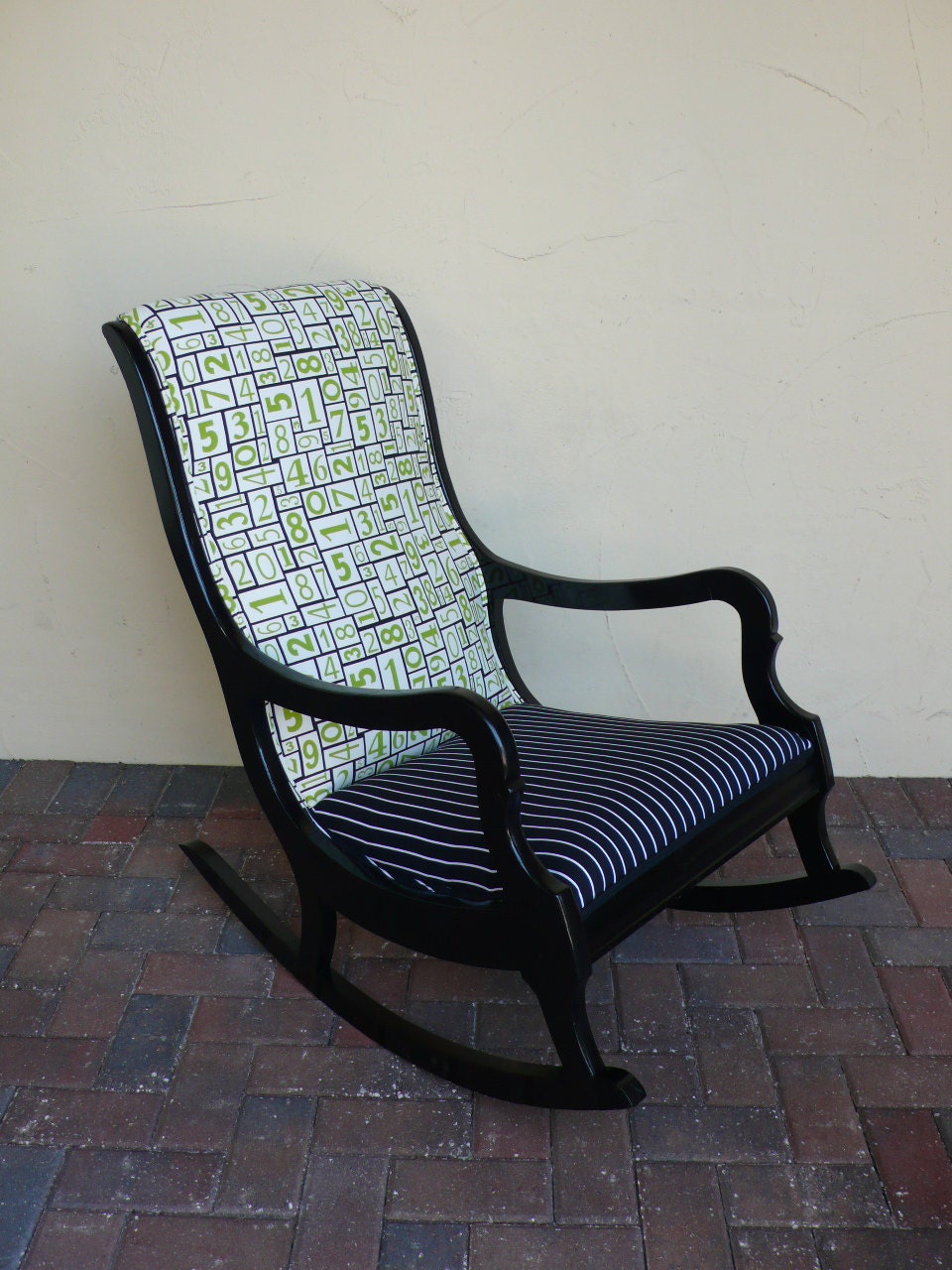 Antique Vintage Modern Numbers Rocking Chair - recycled arm chair rocker - pinstripe fabric