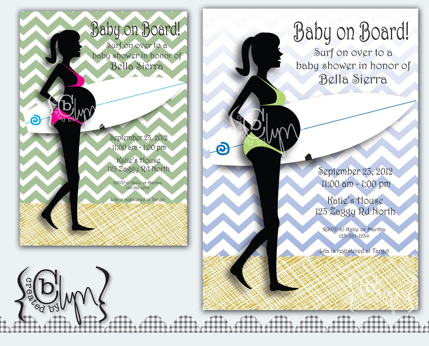 Pregnant Surfer Girl baby shower invitation with chevron stripes