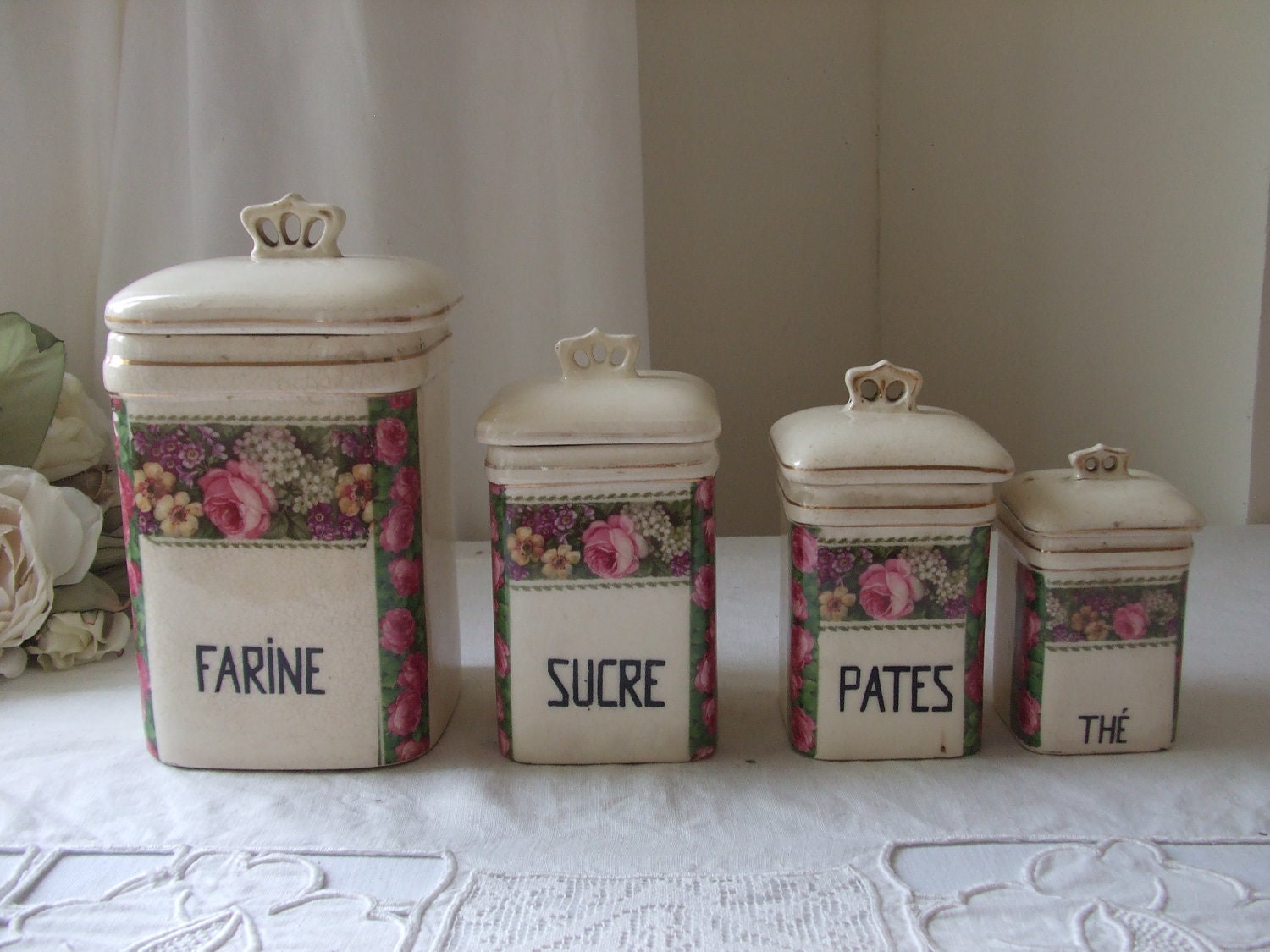 Vintage Antique French, very old set of four storage cannisters / jars.  Cottage chic.
