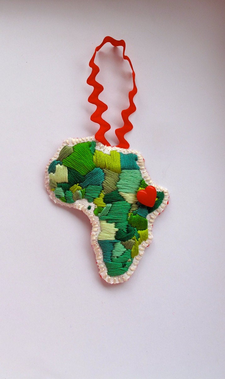 Embroidered Africa Christmas ornament in greens with a red heart Made to Order