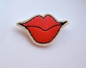 Embroidered brooch pink and red smiling lips for Valentine's Day Made to order embroidered jewelry