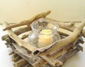 Driftwood Candle Holder - Wedding centerpiece - 9" x 9"  - crackle glass