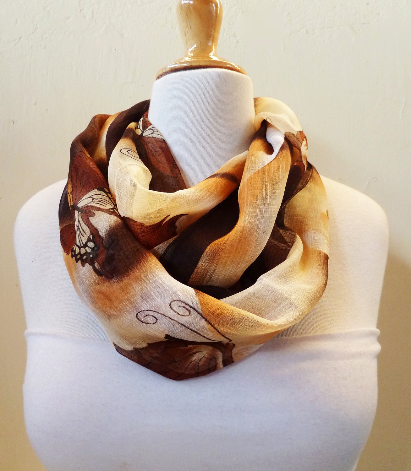 SUPER New Years Special - Chiffon loop scarf BROWN BEIGE patterned - infinity - necklace scarf cowl