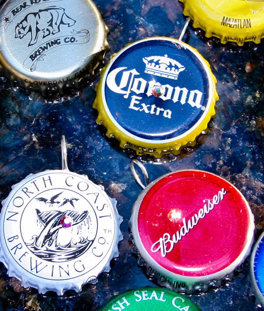 Upcycled Beer Necklace  Beer Caps Coors Light Budwieser Lost Coast Shocktop Redtail Ale Swarovski Crystal Aurora Borealis