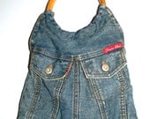 80s Denim Blues Handbag Purse Satchel Blue Jeans Purse Wooden Ring Handles