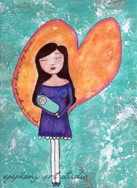 Mother & Baby Whimsical Fine Art Print, Baby Shower Gift, Pregnancy Adoption Art, Children's Decor, Collage Wall Art -- "In My Heart"