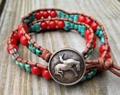 Turquoise and Coral beaded leather wrap bracelet, Double wrap bracelet, Texas cowboy, Western Southwestern jewelry