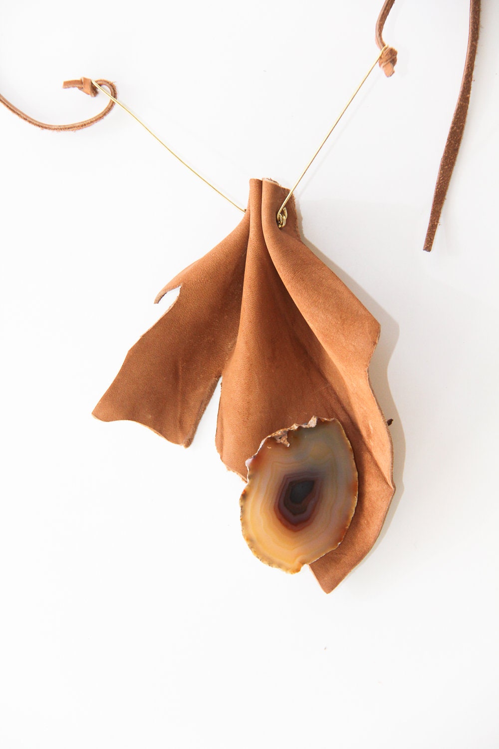 Abstract Leather  Brass & Geode Stone pendant  Necklace