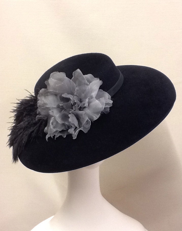 Hat - Women's Hand Blocked Black Velour Fur Felt Wide Downturned Brim with Grey Handmade Silk Flower and Ostrich Feathers