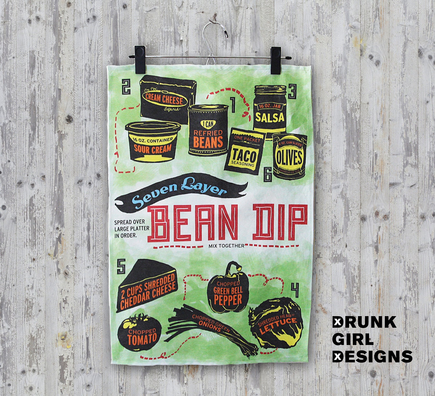 Seven Layer Bean Dip - linen & cotton decorative printed tea towel for your kitchen
