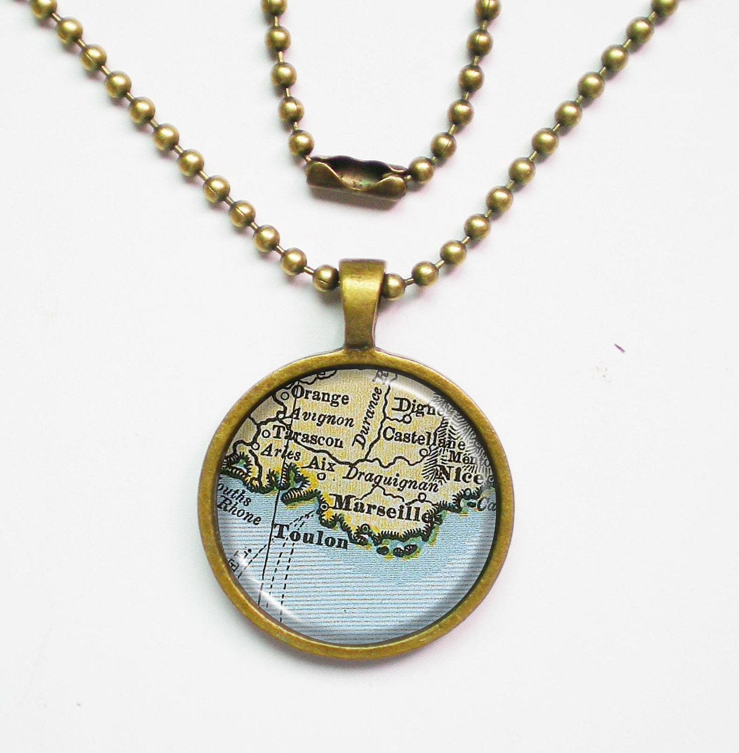 France Map Necklace -Marseille & Toulon, France- Vintage Map Series