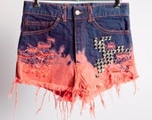 High Waisted, Bleached Bottom & Dip Dyed Hyper Red, Pyramid Studded on the front, Denim Cutoff Shorts