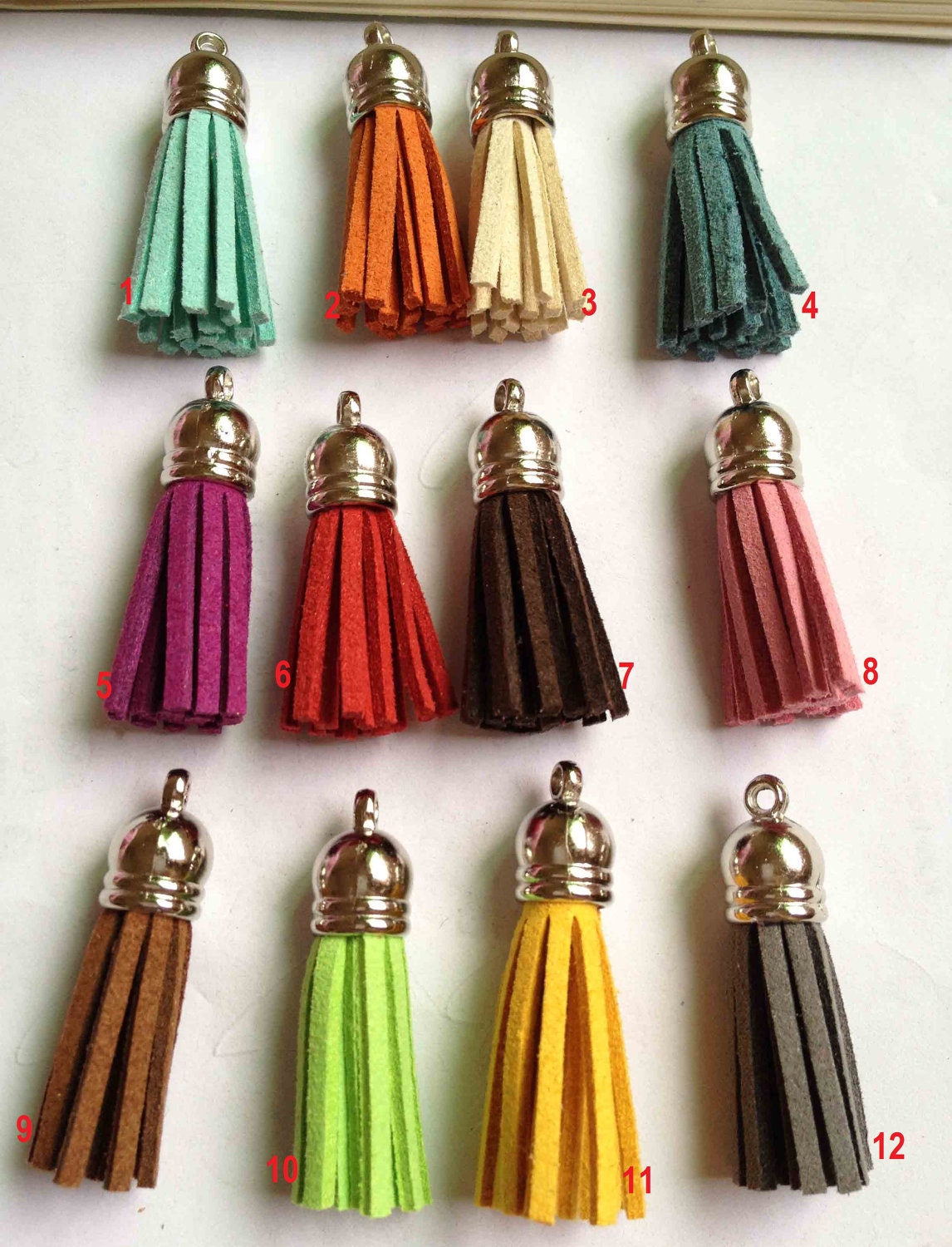 12pcs of Mix Colors Leather Tassel with Silver Caps Bag Charms 39x10mm