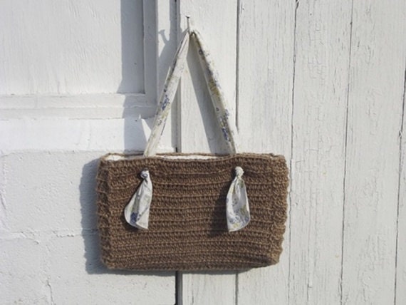 Crochet Purse Tote Twine Handmade Vintage Fabric Liner Cotton Blue Green Floral OOAK New Ready To Ship - ThreadSquigglesNYarn Crochet Purse Tote Twine Handmade Vintage Fabric Liner Cotton Blue Green Floral OOAK New Ready To Ship - ThreadSquigglesNYarn