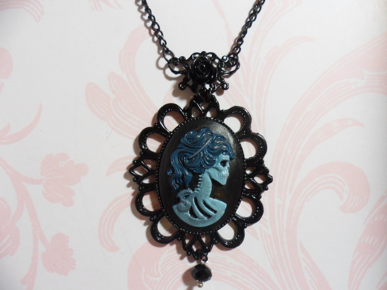 Corpse Bride Cameo Necklace with Black filigree accents