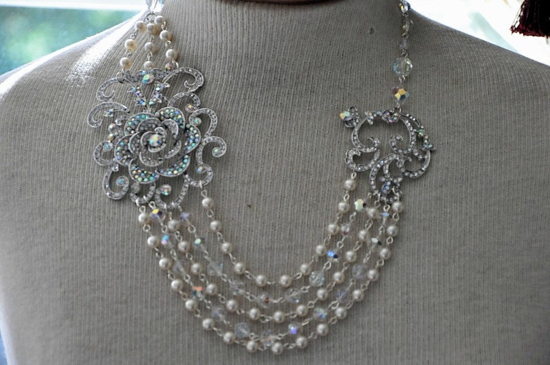 Bridal Necklace,Bridal Rhinestone Necklace,Swaroski Crystal Pearl,Flower Rhinestone Necklace,Bridal Statement Necklace,