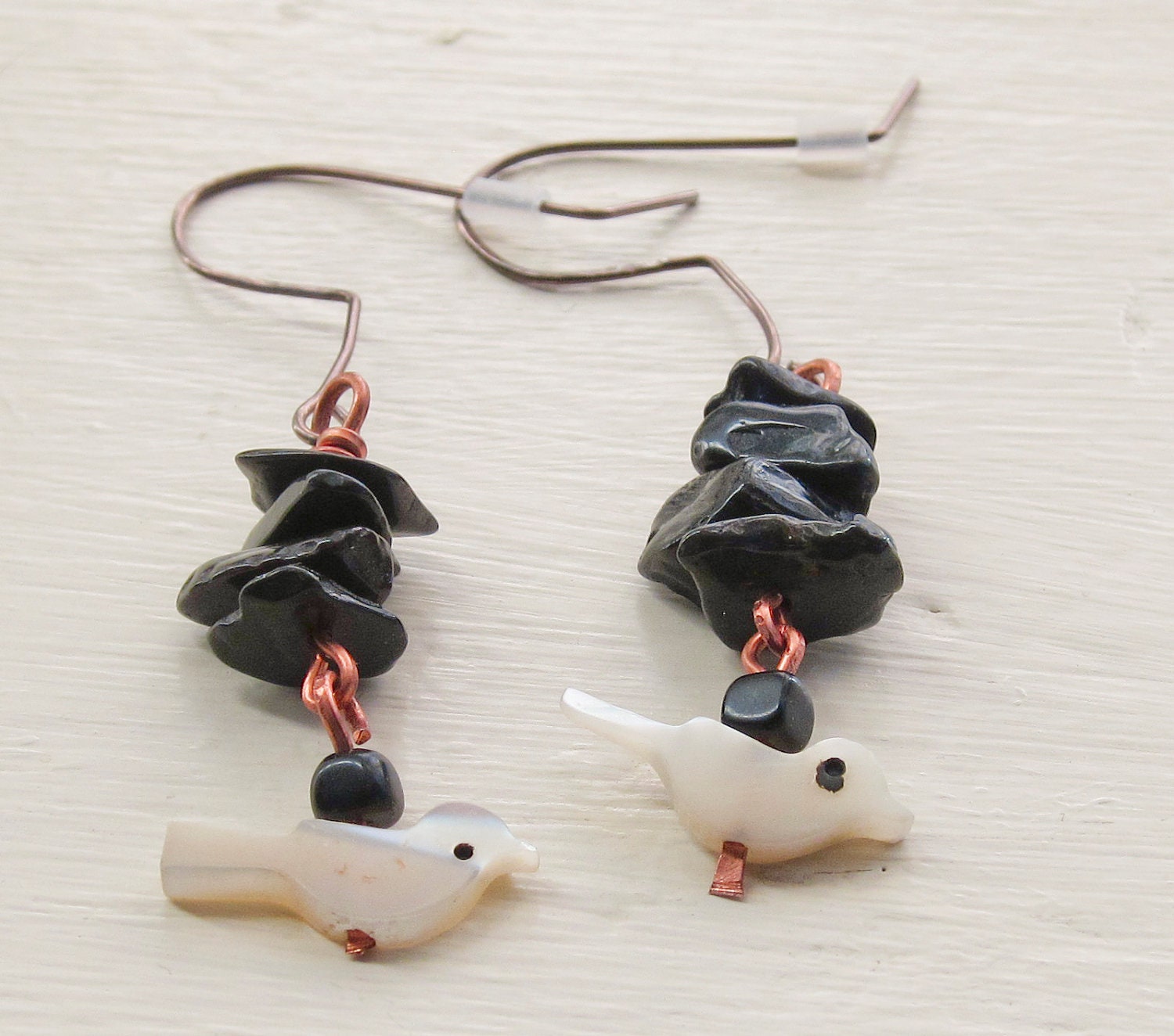 bird bead and stone beads dangle earrings