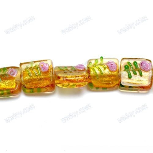 15pcs Murano Style Lampwork Glass Foil Square Beads15mm - Gold, Clear, Turquoise