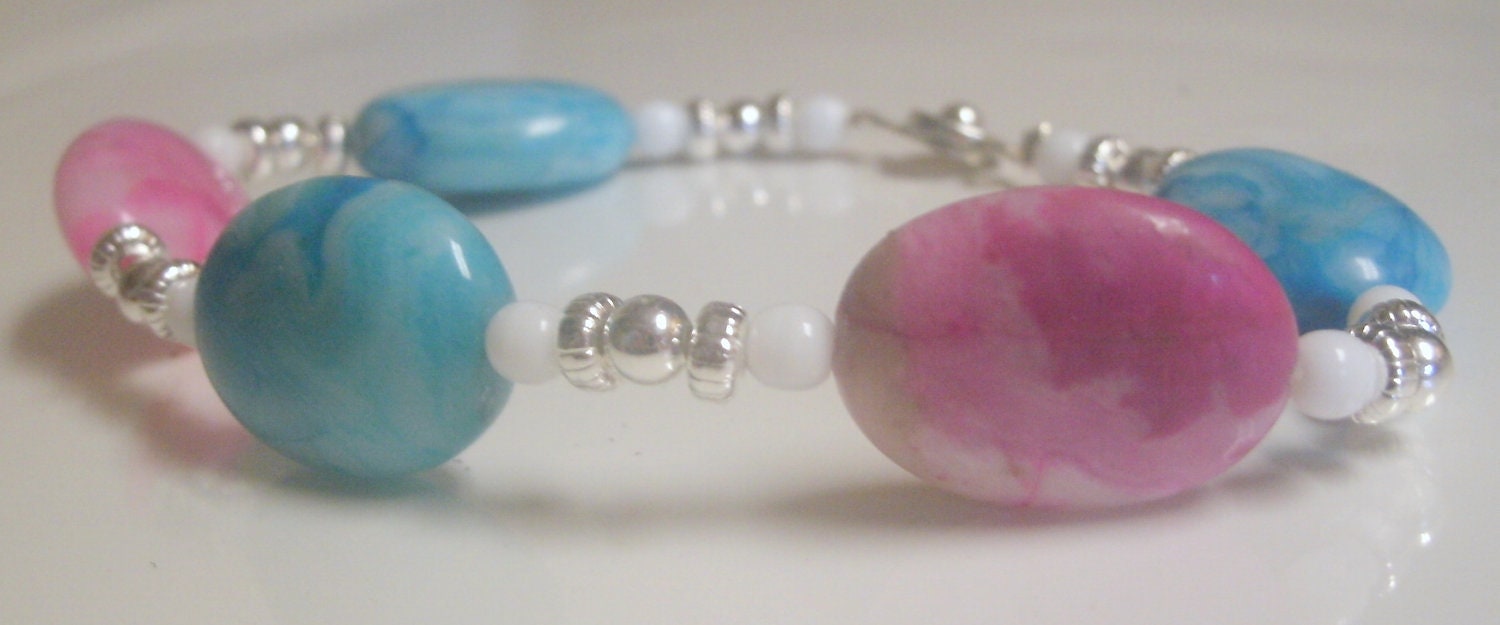 LOVELY Dyed Agate and czech glass pink and blue large bracelet or anklet