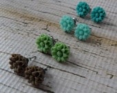 Nature Lover Stud Earrings Set - Four Pairs Mini Flowers in Bright Blue, Light Blue, Grass Green and Dark Brown Nickel Free Titanium Posts