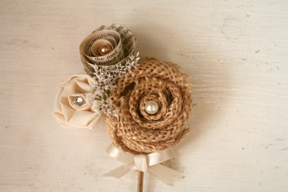 Groom's Boutonniere - Natural Burlap, Fabric, and Vintage Book Page Rosette - Rustic, Burlap Flower, Dried Flowers, Ivory, Cream, Wedding
