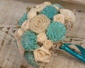 Aqua Teal Sola Wood Alternative Wedding Bouquet - Mixed Ivory Wood Flowers, Fabric Rosettes, Winter White Wildflowers, Burlap, Cream