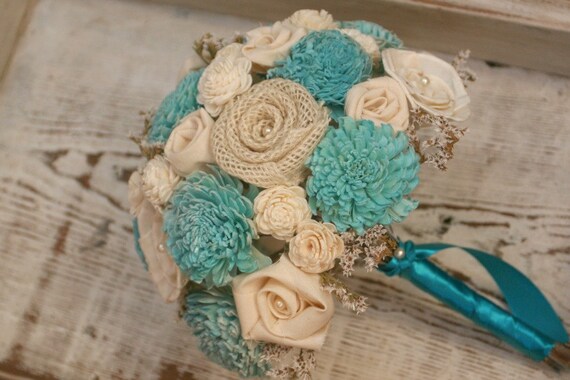 Aqua Teal Sola Wood Alternative Wedding Bouquet - Mixed Ivory Wood Flowers, Fabric Rosettes, Winter White Wildflowers, Burlap, Cream