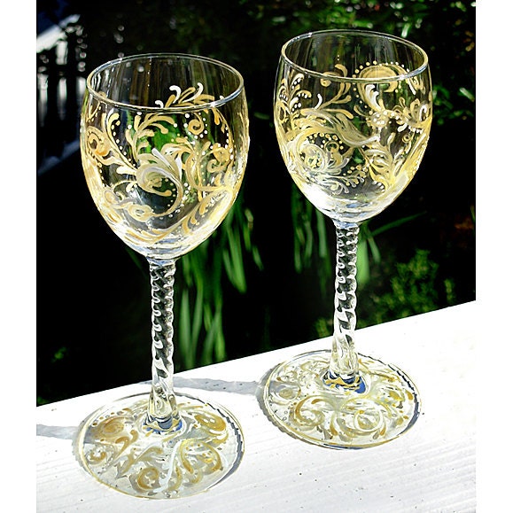 Metallic Gold Swirls WEDDING Hand Painted 12 oz. by OhWowGlassware