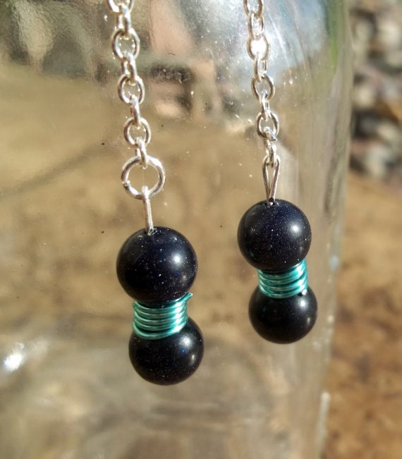 Wire Wrapped Purple Goldstone Earrings, Seafoam Green, Long, Dangle, Chain, OOAK, Ready for shipment.
