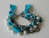 Tina Marie layered Bracelet Teal Ribbon, Rhinestones, & Pearls