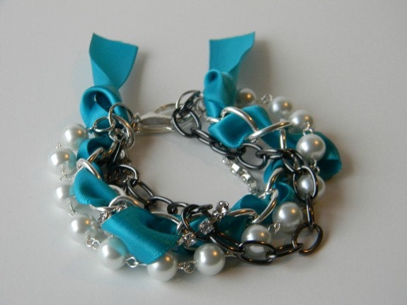 Tina Marie layered Bracelet Teal Ribbon, Rhinestones, & Pearls