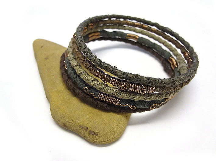 Tribal Bracelet Bangle Set Forest Child II - Ethnic Recycled fabric wire wrapped. 5 Bangles.