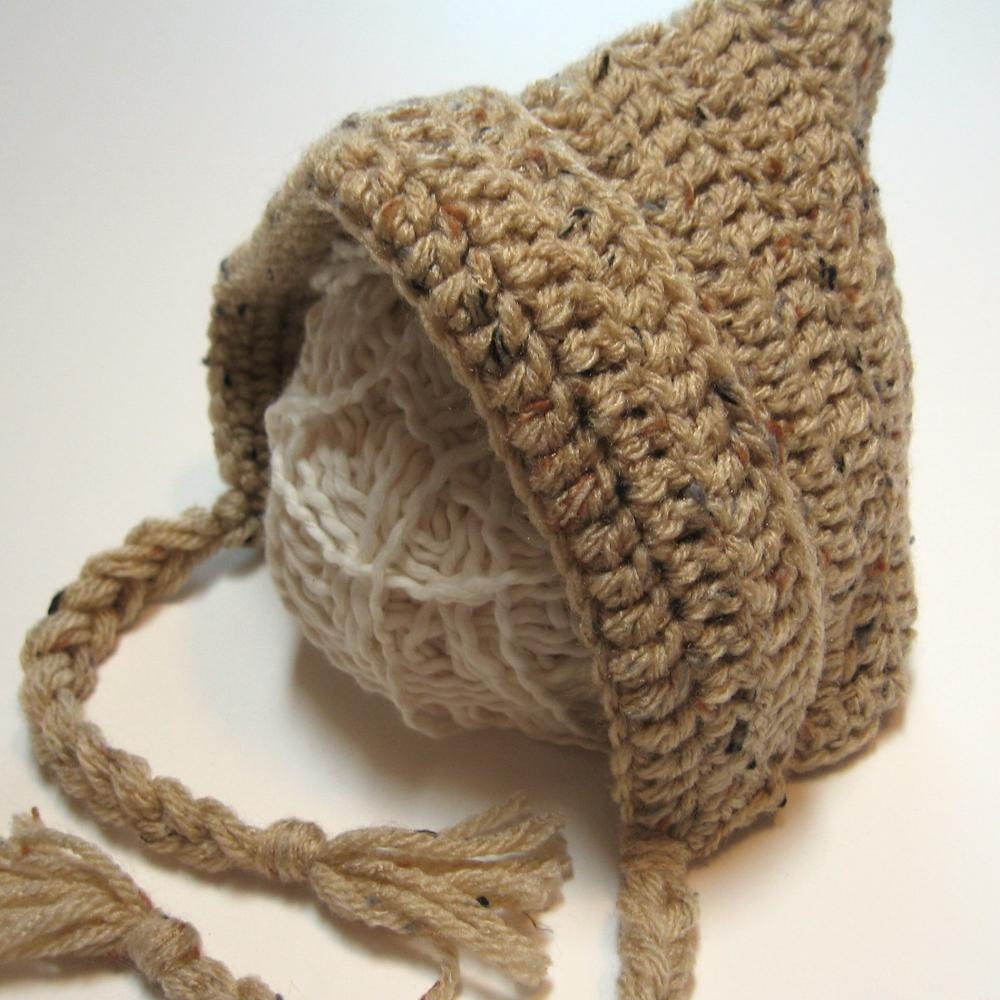 Newborn to 3 months crochet pixie hat.  Gnome.  Elf.  Ready to ship.  Neutral colors.  Photo prop.
