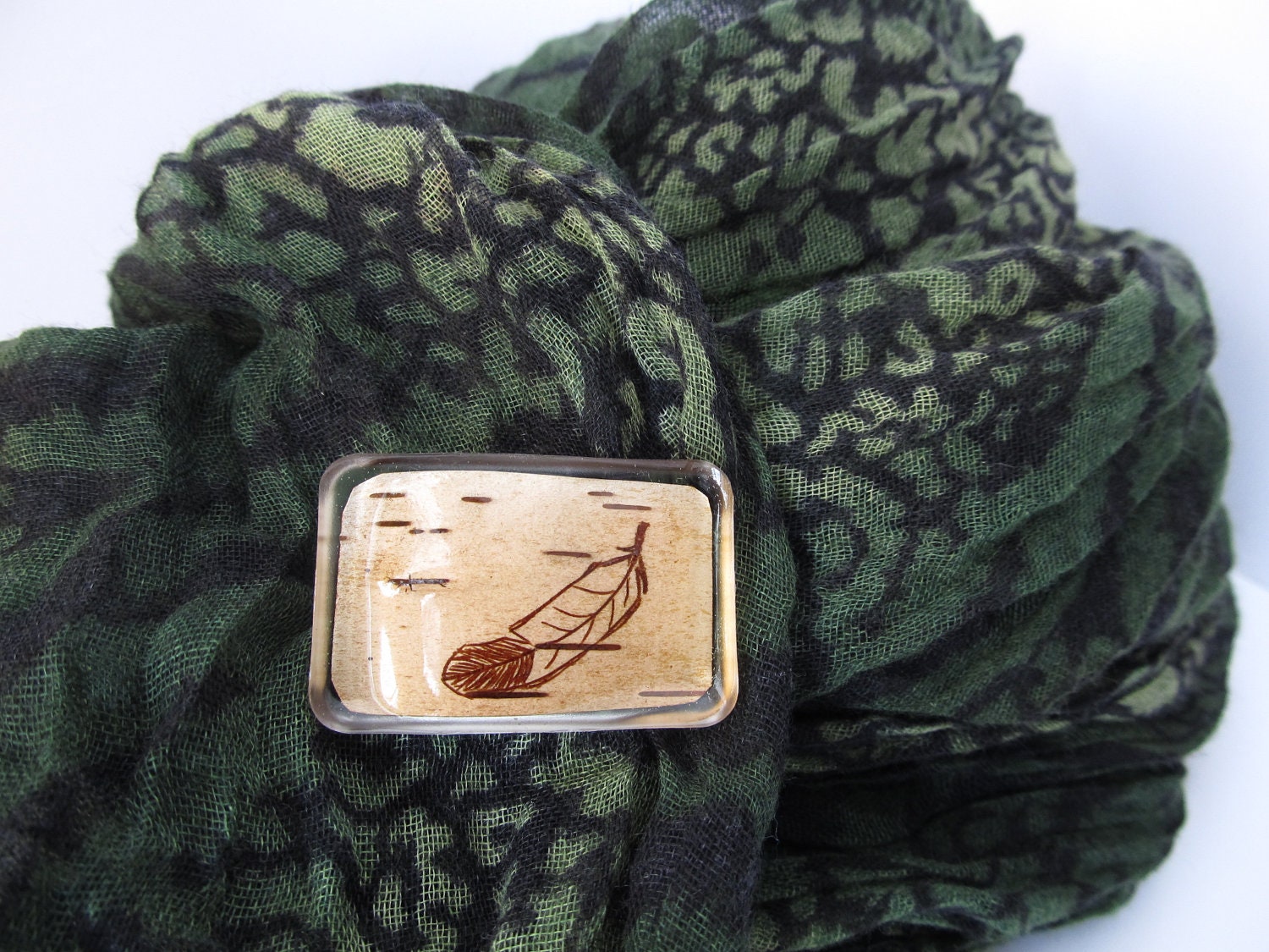Feather Brooch, Carved Birch Bark
