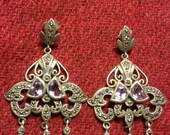 Rare Collectible Vintage STERLING Silver Marcasite Genuine AMETHYST Dangle Earrings