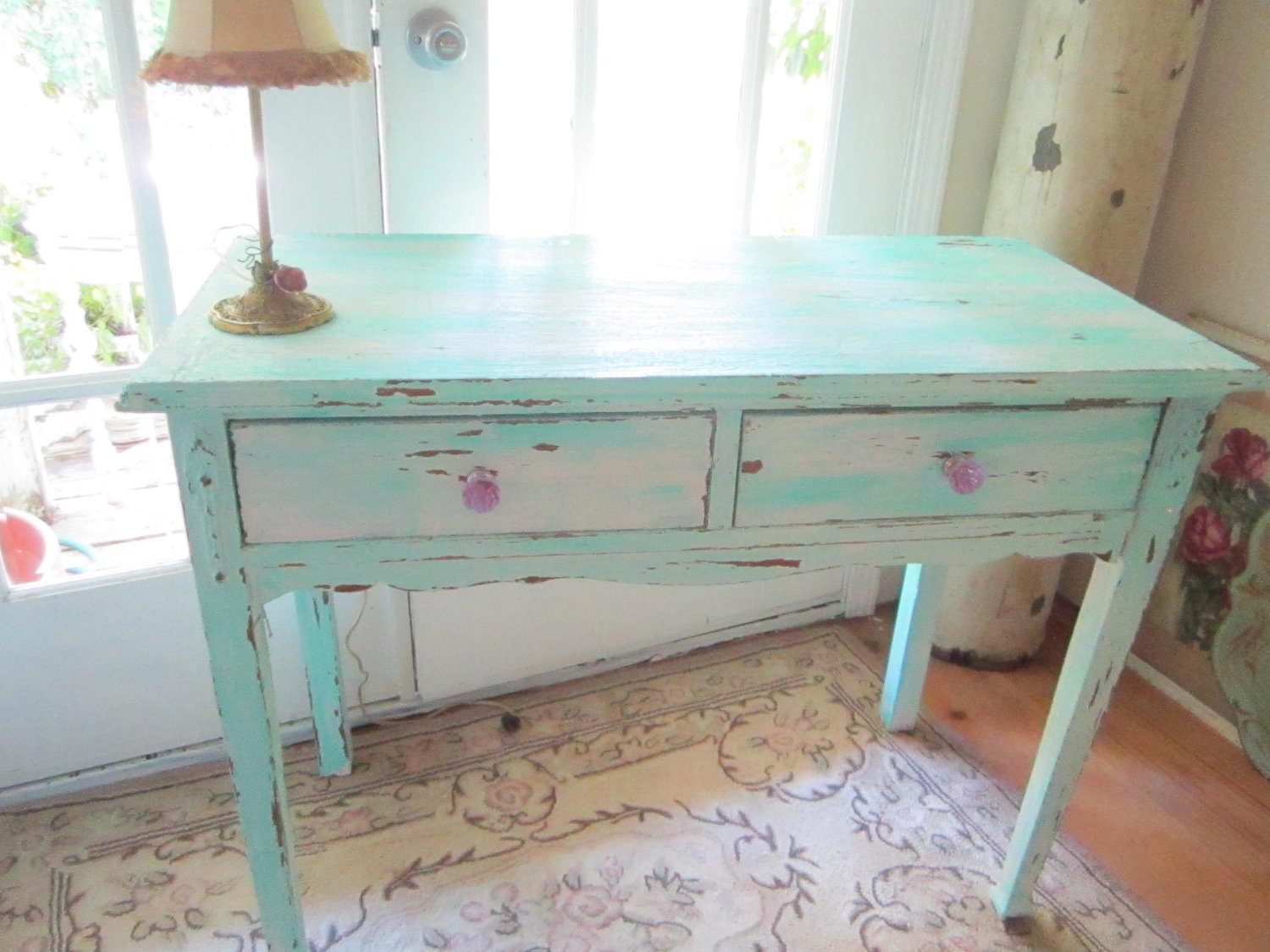 RESERVED Chloe vintage farm table with drawers chippy painted light aqua and pale pink shabby chic prairie cottage chic
