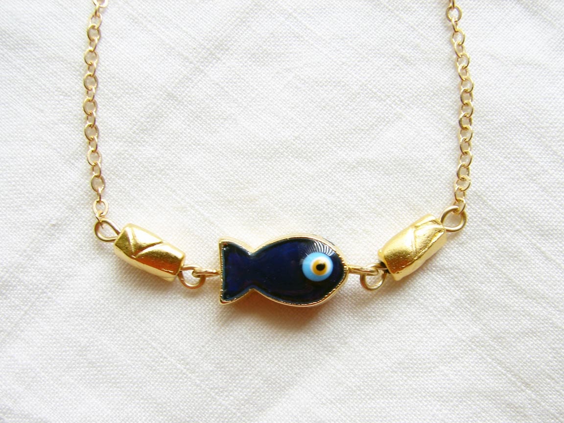 Little Blue Fish with Lucky Evil Eye Bracelet. Enameled Blue Fish with Matte Gold Beads. Simple Modern Jewelry by smallbluethings