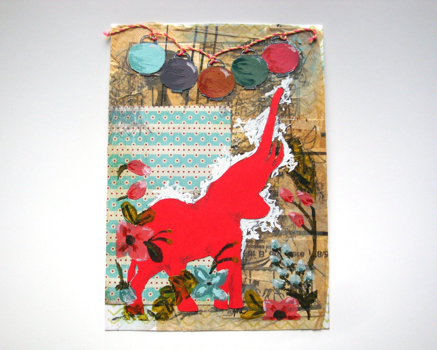 Mixed media wall art elephant art gift hand-painted collage