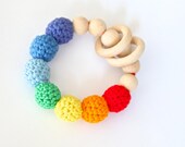 Multicolor nursing bracelet. Rainbow rattle for baby. Teething ring toy with crochet wooden beads.