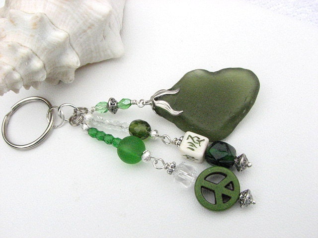 Beaded Beach Glass Keychain, Olive Green Seaglass Keyring Key Chain