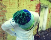 Elf Hat Unisex Mens Womens Blue Green Stiped  Pom Pom Slouchy Beanie Knit Cap Christmas Adults Crochet