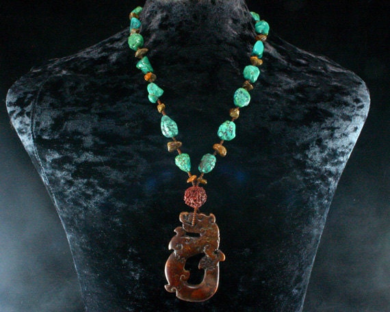 Turquoise Necklace - Mens Necklace - Antique Jade Dragon Pendant - Baltic Amber - Rudraksha  - Yoga - Om Jewelry - Ancient Jewelry